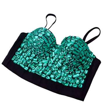 Charmian Women's Spaghetti Straps Rhinestone Beaded Push Up Bra Studded Gem Clubwear Party Bustier Crop Top Green Large