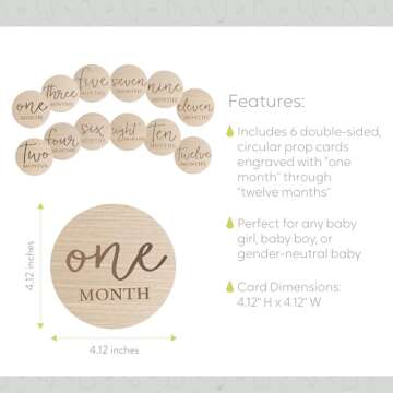 Little Pear Wooden Milestone Photo Cards - Double-Sided Baby Announcement Discs, Ideal Photo Prop for Monthly Pregnancy Journey and Baby Milestones, 1-12 Months, Light Wood