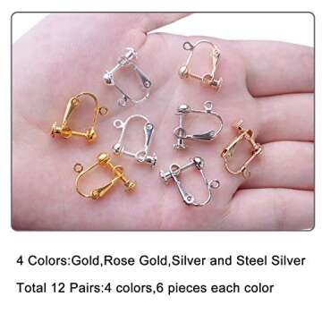 BronaGrand 24 Pieces Clip-on Earring Findings Components Screw Back Ear Wire Non Pierced Earring Converter with Loop for Jewelry Making, 4 Colors