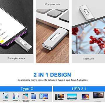 Vansuny USB C Flash Drive, 128GB USB 3.1 Super Speed SSD, 350MB/s Read/Write, Dual Drive, Silver