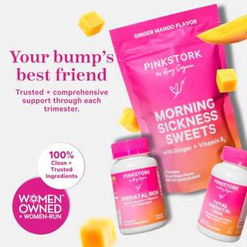 Pink Stork Morning Sickness Sweets, Organic Mango Ginger Candy with Vitamin B6 for Morning Sickness, Motion Sickness, Prenatal Heartburn - Pregnancy Must Haves - 30 Wrapped Drops