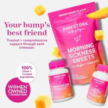 Pink Stork Morning Sickness Sweets, Organic Mango Ginger Candy with Vitamin B6 for Morning Sickness, Motion Sickness, Prenatal Heartburn - Pregnancy Must Haves - 30 Wrapped Drops