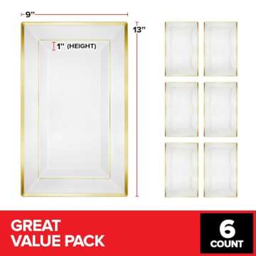 (6 Pcs) Premium White and Gold Plastic Serving Tray, Plastic Serving Platter Disposable, White Rectangle Party Trays and Platters for Fruit, Dessert, Cookies, Appetizers, Holiday Parties