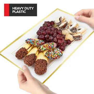 (6 Pcs) Premium White and Gold Plastic Serving Tray, Plastic Serving Platter Disposable, White Rectangle Party Trays and Platters for Fruit, Dessert, Cookies, Appetizers, Holiday Parties