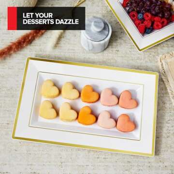 (6 Pcs) Premium White and Gold Plastic Serving Tray, Plastic Serving Platter Disposable, White Rectangle Party Trays and Platters for Fruit, Dessert, Cookies, Appetizers, Holiday Parties