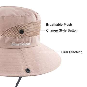 Muryobao Women Ponytail Summer Sun Hat Wide Brim UV Hats Floppy Bucket Cap for Safari Beach Fishing Gardening Pure Pink