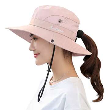 Muryobao Women Ponytail Summer Sun Hat Wide Brim UV Hats Floppy Bucket Cap for Safari Beach Fishing Gardening Pure Pink