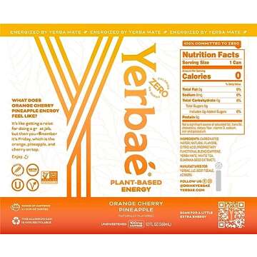 Yerbaé Energy Seltzer - Orange Cherry Pineapple, 0 Sugar, 0 Calories, 0 Carbs. Yerbae is Energized by Yerba Mate, Naturally Caffeinated & Plant-Based, Healthy Alternative to Coffee and Sugary Sodas, 12oz cans (12 Pack)