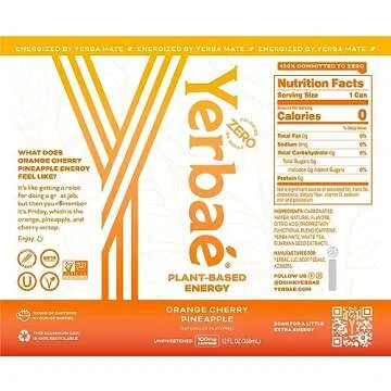 Yerbaé Energy Seltzer - Orange Cherry Pineapple, 0 Sugar, 0 Calories, 0 Carbs. Yerbae is Energized by Yerba Mate, Naturally Caffeinated & Plant-Based, Healthy Alternative to Coffee and Sugary Sodas, 12oz cans (12 Pack)