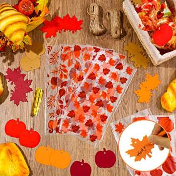 Remerry 600 Pcs Fall Cellophane Treat Bags Thanksgiving Maple Leaf Pumpkin Goodie Candy Bags with Pumpkin Maple Leaf Tags Gold Twist Tie Twine Autumn Party Supplies