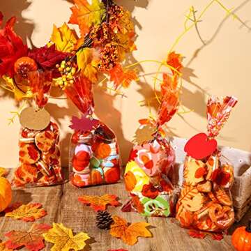 Remerry 600 Pcs Fall Cellophane Treat Bags Thanksgiving Maple Leaf Pumpkin Goodie Candy Bags with Pumpkin Maple Leaf Tags Gold Twist Tie Twine Autumn Party Supplies