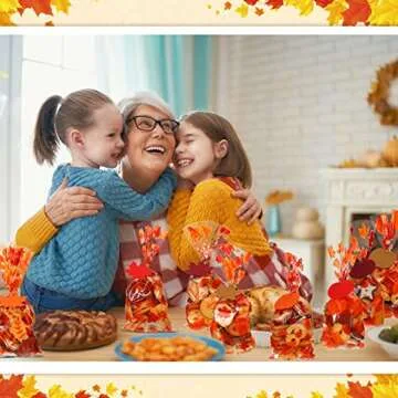 Remerry 600 Pcs Fall Cellophane Treat Bags Thanksgiving Maple Leaf Pumpkin Goodie Candy Bags with Pumpkin Maple Leaf Tags Gold Twist Tie Twine Autumn Party Supplies