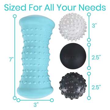 Vive Massage Ball Set (4 Piece) - Foot Pain Hot Cold Therapy Kit - Plantar Fasciitis, Heel Spur, Sore Muscles, Trigger Point - Back, Arm, Neck, Shoulder, Leg Circulation Roller - PT Spike Massager