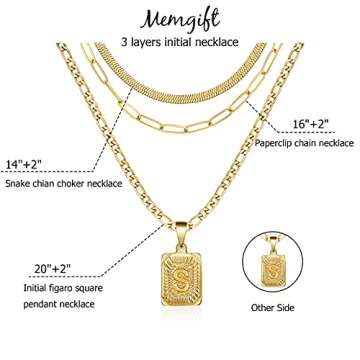 Memgift Layering Necklaces Dainty Trendy Paperclip Snake Choker Gold Filled Stainless Steel Figaro Chain Layered Necklaces Jewelry Gifts Square Pendant Gold Letter S