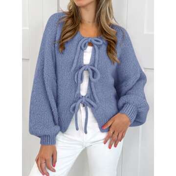 MASCOMODA 2024 Bow Tie Front Cardigan Sweaters for Women Fall Winter Oversized Long Sleeve Open Front Chunky Sweater Coats(Mist Blue,Small)