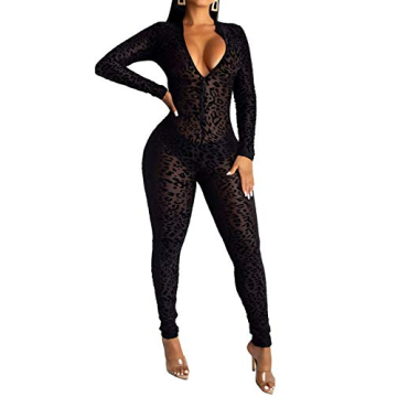 Uni Clau Women See Through Bodycon Jumpsuit - One Piece Deep V Neck Outfits Sheer Mesh Leopard Clubw...