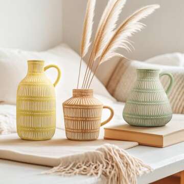 LIZOFER Ceramic Vase Set of 3 for Living Room Bedroom Modern Yellow Brown Green Fake Flower Plant Va...