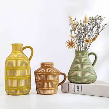 LIZOFER Ceramic Vase Set of 3 for Living Room Bedroom Modern Yellow Brown Green Fake Flower Plant Vases for Home Decor Office Centerpieces Antique Retro Rustic Farmhouse Vintage Classic Gift