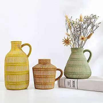 LIZOFER Ceramic Vase Set of 3 for Living Room Bedroom Modern Yellow Brown Green Fake Flower Plant Vases for Home Decor Office Centerpieces Antique Retro Rustic Farmhouse Vintage Classic Gift