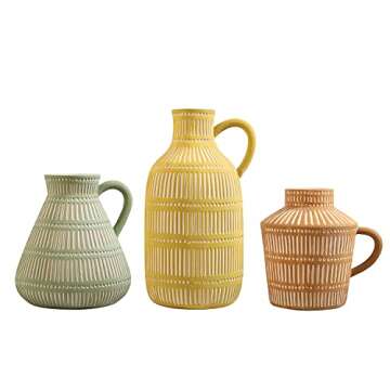 LIZOFER Ceramic Vase Set of 3 for Living Room Bedroom Modern Yellow Brown Green Fake Flower Plant Vases for Home Decor Office Centerpieces Antique Retro Rustic Farmhouse Vintage Classic Gift