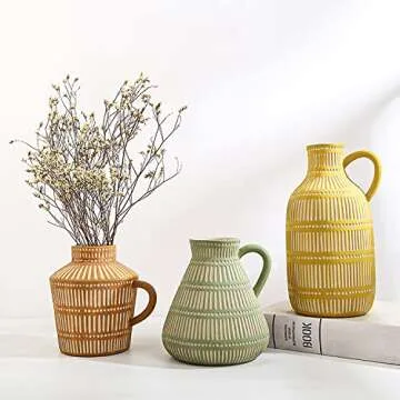 LIZOFER Ceramic Vase Set of 3 for Living Room Bedroom Modern Yellow Brown Green Fake Flower Plant Vases for Home Decor Office Centerpieces Antique Retro Rustic Farmhouse Vintage Classic Gift