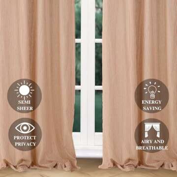THE ART BOX Natural Linen Gauze Tie Top Sheer Semi Blackout Striped Curtains for Bedroom Filtering Hanging Substitute Windows Home Décor Curtain, Maroon on Beige, 2 Panel Sets, (63"x42" inch Each)