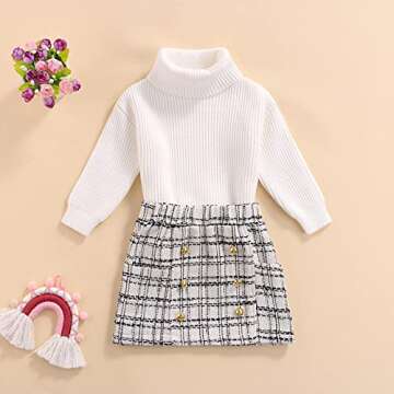 IVEMOULODEC Toddler Baby Girl Skirt Outfit Long Sleeve Turtleneck Sweaters + Plaid Mini Skirts Set Fall Winter Clothes (White , 2-3T )