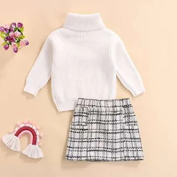 IVEMOULODEC Toddler Baby Girl Skirt Outfit Long Sleeve Turtleneck Sweaters + Plaid Mini Skirts Set Fall Winter Clothes (White , 2-3T )
