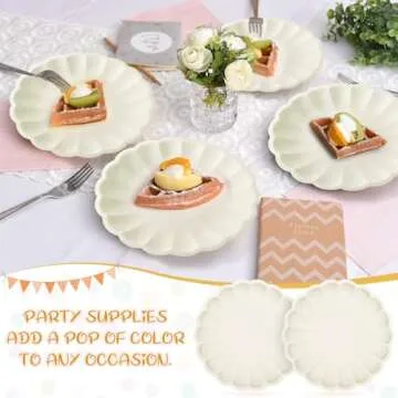 Newtay 30 Pcs Large Scalloped Paper Plates 9.5 Inch Shell Edge Disposable Dinner Plates for Birthday Wedding Baby Shower Party Decorations(Cream Color)