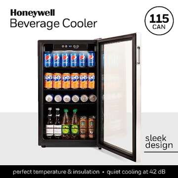 Honeywell Beverage Refrigerator and Cooler, 115 Can Mini Fridge with Glass Door for Soda Beer or Wine for Office or Bar with Adjustable Removable Shelving