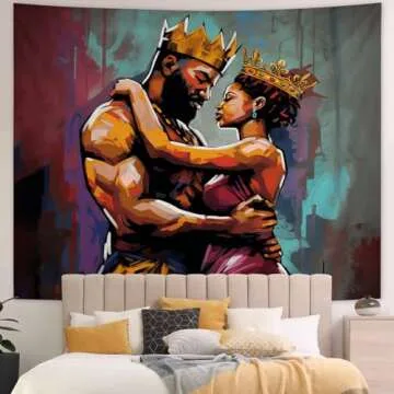 SARA NELL Black Couple Tapestry African American Couple Lovers Oil Painting Tapestries African King and Queen Wall Art Hippie Bedroom Living Room Dorm Wall Hanging Throw Bedspread, 50"x60"