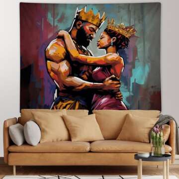 SARA NELL Black Couple Tapestry African American Couple Lovers Oil Painting Tapestries African King and Queen Wall Art Hippie Bedroom Living Room Dorm Wall Hanging Throw Bedspread, 50"x60"