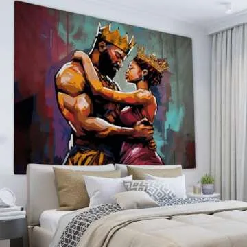 SARA NELL Black Couple Tapestry African American Couple Lovers Oil Painting Tapestries African King and Queen Wall Art Hippie Bedroom Living Room Dorm Wall Hanging Throw Bedspread, 50"x60"