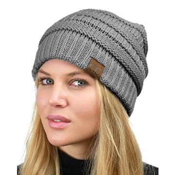 C.C Unisex Chunky Soft Stretch Cable Knit Warm Fuzzy Lined Skully Beanie, Light Melange Gray
