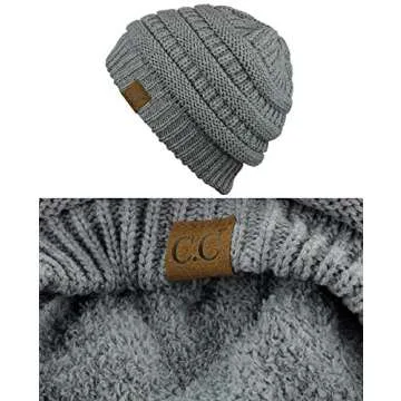 C.C Unisex Chunky Soft Stretch Cable Knit Warm Fuzzy Lined Skully Beanie, Light Melange Gray
