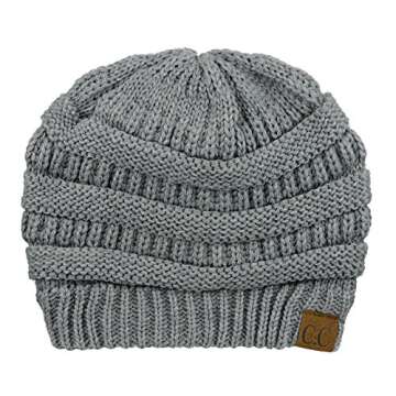 C.C Unisex Chunky Soft Stretch Cable Knit Warm Fuzzy Lined Skully Beanie, Light Melange Gray