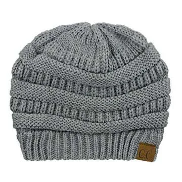 C.C Unisex Chunky Soft Stretch Cable Knit Warm Fuzzy Lined Skully Beanie, Light Melange Gray