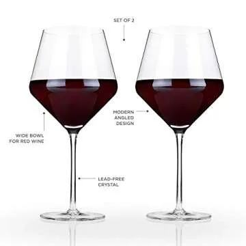 Viski Raye Angled Burgundy Glasses Set of 2 - Premium Crystal Clear Glass, Modern Stemmed, Flat Bottom Red Wine Gift Set - 21 oz