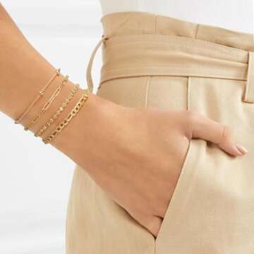 Gold Bracelets for Women, 14K Gold Plated Bracelets for Women Trendy, Stackable Dainty Gold Bracelet Stack Set Adjustable Herringbone Paperclip Figaro Chain Link Jewelry Gifts