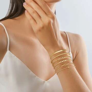 Gold Bracelets for Women, 14K Gold Plated Bracelets for Women Trendy, Stackable Dainty Gold Bracelet Stack Set Adjustable Herringbone Paperclip Figaro Chain Link Jewelry Gifts