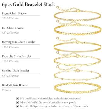 Gold Bracelets for Women, 14K Gold Plated Bracelets for Women Trendy, Stackable Dainty Gold Bracelet Stack Set Adjustable Herringbone Paperclip Figaro Chain Link Jewelry Gifts