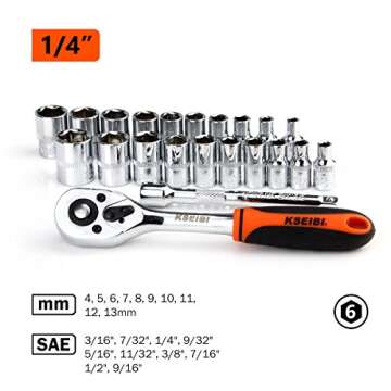 KSEIBI 101230 22-Piece 1/4-Inch Drive Standard Socket and Ratchet Set, Metric and SAE (22 Pack-1/4 Inch)