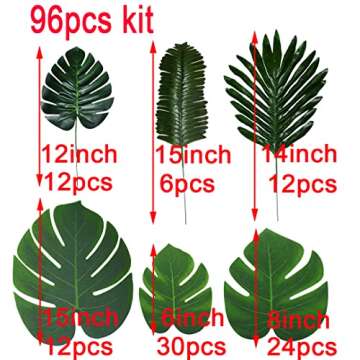 96pcs Artificial Palm Leaves Plant Kit Fake Monstera Deliciosa Faux Palm Fronds Artificial Tropical Plants Greenery Hawaiian Party Supplies Decor