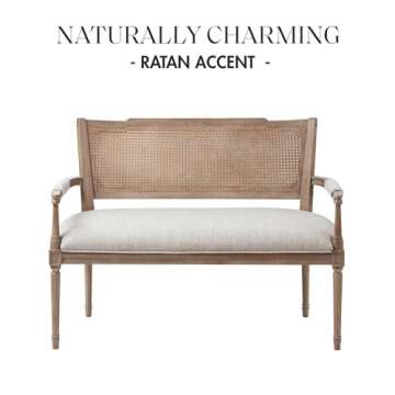 Madison Park Willshire Natural Rattan Settee, Upholstered Seat - Charming Country Design, Rustic Reclaimed Wood Finish, Ratan Insert Backrest & Padded Arm Rest, 47.25" Wide Beige/Reclaimed Natural