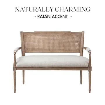 Madison Park Willshire Natural Rattan Settee, Upholstered Seat - Charming Country Design, Rustic Reclaimed Wood Finish, Ratan Insert Backrest & Padded Arm Rest, 47.25" Wide Beige/Reclaimed Natural