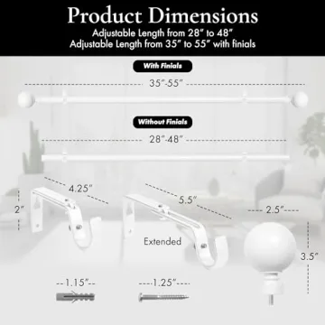 Meriville Durable Ball Curtain Rod - Glossy White, 28-48 Inch