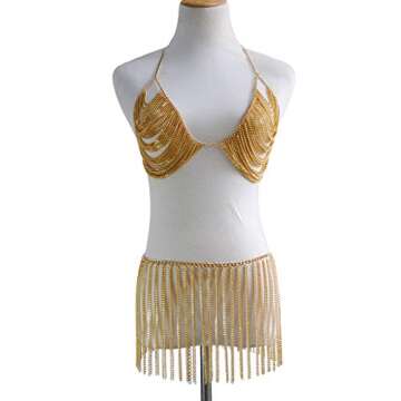 Sinkcangwu Womens Body Chain Suit Boho Rhinestone Bra Waist Belly Chain with Tassel Indian Dancing S...