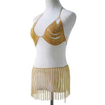 Sinkcangwu Womens Body Chain Suit Boho Rhinestone Bra Waist Belly Chain with Tassel Indian Dancing Skirt Dress for Party Halloween Costume Beach Bikini (Gold Metal)