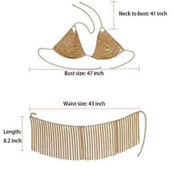 Sinkcangwu Womens Body Chain Suit Boho Rhinestone Bra Waist Belly Chain with Tassel Indian Dancing Skirt Dress for Party Halloween Costume Beach Bikini (Gold Metal)