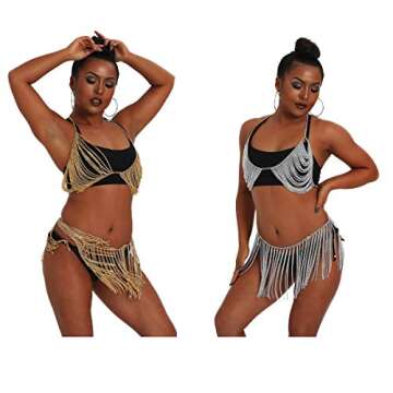 Sinkcangwu Womens Body Chain Suit Boho Rhinestone Bra Waist Belly Chain with Tassel Indian Dancing Skirt Dress for Party Halloween Costume Beach Bikini (Gold Metal)